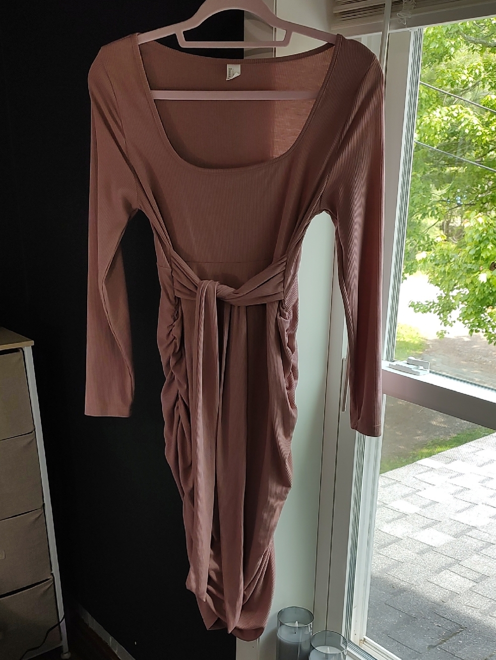 SHEIN Mauve Long Sleeve Scoop Neck Tie-Waist Dress